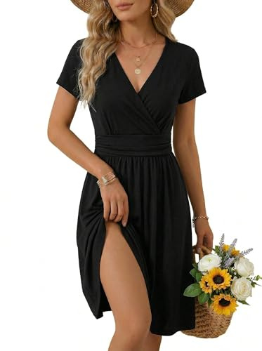 OUGES Women's Summer Short Sleeve V-Neck Floral Casual Ladies Dress with Pockets(Black,XXL)