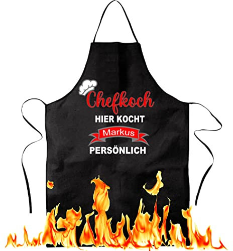 Blickfang personalisierte Küchenschürze | Chefkoch PERSÖNLICH | Grill, BBQ | Küchenchef, Koch | Küchenschürze, Latzschürze, Grillschürze, Partyschürze | Schwarz