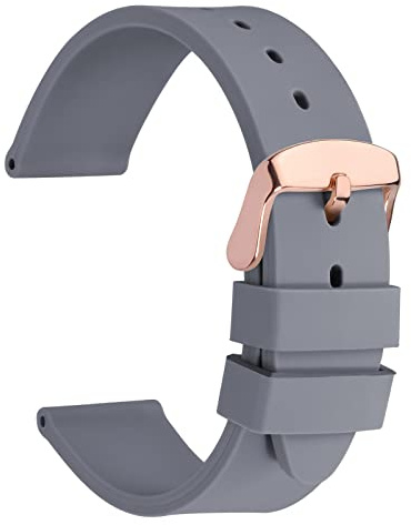 WOCCI 16mm Lightweight Silicone Rubber Watch Strap for Men and Women, Rose Gold Buckle (Grey)