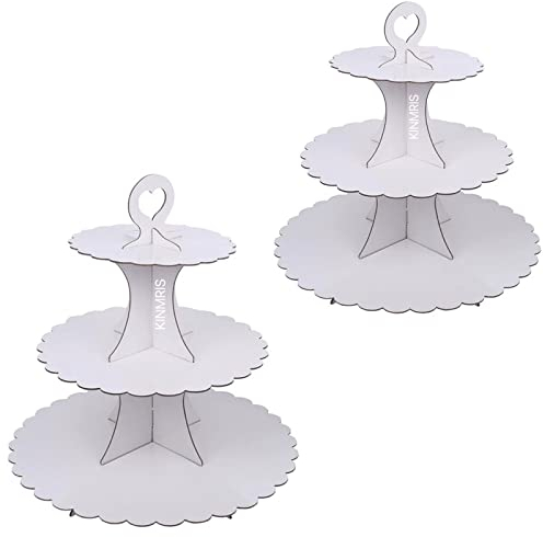 KINMRIS 2 Pack 3-Tier Lace Edge Dessert Stand, White Cardboard Cupcake Stand, Perfect for Parties & Bakery