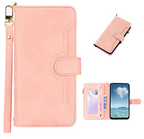 COQUE Apple iPhone 12 Flip Cover, Zip Multi-Slot Magnetic Business Card Holder Wallet Cover, Apple iPhone 12 Flip Phone Case-Rose