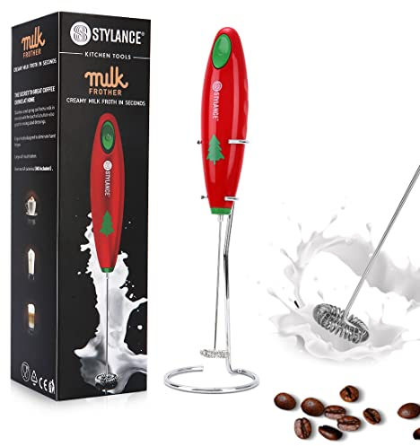STYLANCE Batidor espumador de leche espumador capuchino para leche espumador de leche capuchino, gris, incluye soporte, sin batería (rojo)