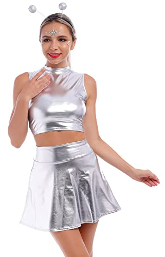 Alien Kostüm Damen Sexy Metallic Kleider Silber Top+ Glänzend Rock+ Alien Haarreif Space Girl Kostüm Wetlook 80er Festival Karneval Halloween Cosplay Clubwear Holographic Rave Outfit Silber07 S