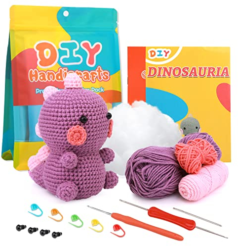 ZMAAGG Häkelset für Anfänger, Häkeltier-Set, Strickset mit Garn, Polyesterfaser, Schritt-für-Schritt-Anleitung Video, Häkel-Starter-Kit für Anfänger, DIY Handwerk (Lila Dinosaurier)