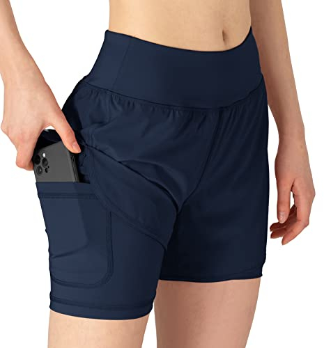 YSENTO Damen Sport Shorts Sommer 2 in 1 Kurze Sport Training Jogging Fitness Lauf Yoga Hose Schnelltrocknende mit Tasche(Marine,L)