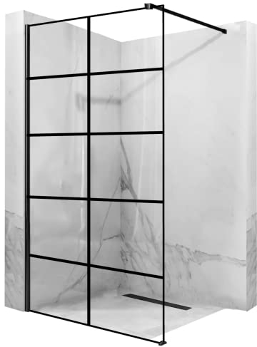 VBChome Walk In Duschwand 90 x 195 cm Schwarz Profil Duschtrennwand Glaswand mit Stabilisator Klarglas Gehärtetes Glas Elegant Modern Hohe Qualität