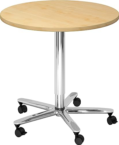 bümö Säulenhubtisch höhenverstellbar, Stehtisch Büro, Bistrotisch rund 80 x 80 cm - Besprechungstisch Ahorn, Stehtisch Holz-Platte, Säule aus Metall verchromt, Säulentisch, Hochtisch