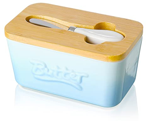 Butterdose Porzellan, Candiicap Butterschale mit Holzdeckel und Buttermesser, Keramik Butterhalter für Butteraufbewahrung und Heimküchendekoration. (Himmel Blau)