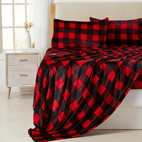 NY Loft Ultraweiches Mikrofleece-Bettlaken-Set, superweiches Polarfleece, gemütliche samtige Winter-Bettwäsche, Kingsize-Größe, Rot-Schwarz kariert