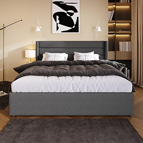 Moimhear Stauraumbett Polsterbett Hydraulisch Doppelbett 180x200cm, Lattenrost aus Holz, Bett mit Lattenrost aus Metallrahmen, Leinen, Grau (Grau)