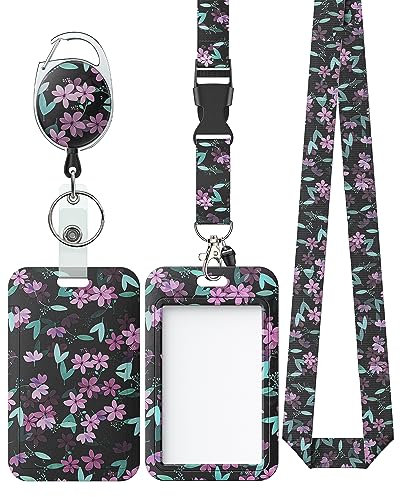 Uniclife Porte Badge Coulissant floral Étui en Plastique à Fleurs Rose avec Enrouleur de Badge Rétractable Clip Mousqueton et Lanière Détachable Porte Carte Navigo pour le Bureau de l'École