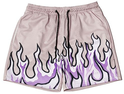 DIOTSR Pantaloncini da basket da uomo con grafica fiamma, pantaloncini sportivi da corsa retrò con coulisse in vita casual, 01 Viola fiamma, L