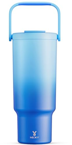 Meoky 40 oz Tumbler with Handle and Straw, Insulated Water Bottle, Stainless Steel Travel Mug, Keeps Cold for 34 Hours, 100% Leak Proof, Fits in Car Cup Holder (Sky)