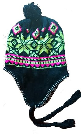 Générique Peruanische Mütze, Neon-Futter, Fleece, Größe 56 – 58 cm, ca. Chullo, Winter, warm, für Damen und Herren, Unisex, Schwarz , 58
