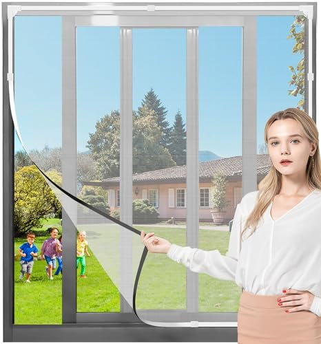 Window Fly Screen ​Adjustable Magnetic Window Fly Screen Window Max 59” x 70.9”Fits Any Smaller Size Easy Installation Keep Bugs/Flys/Mosquitoes Out (White Frame Gray Mesh)