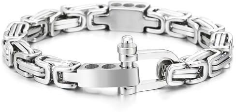 COOLSTEELANDBEYOND Chaîne Byzantin Chaîne Maillons Bracelet pour Homme - Manilles d'ancrage Marin Vis Fermoir - Acier Inoxydable Mécanicien