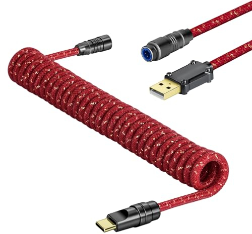 MAMBASNAKE C05 Cable USB C Espiral Personalizado para Teclado de Juegos, Nailon Trenzado, USB-A a USB-C, Cable de Teclado Mecánico de Doble Funda con Conector Aviación Metal CNC, 4.92Pies - Rosa