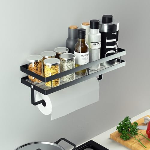 Oungy Gewürzregal Wand mit Küchenrollenhalter und 4 Haken 35cm Gewürzregal Ohne Bohren Küchenrollenhalter Schwarz Küchen Organizer Küchenregal Hängend für Küche, Bad, Kommode und Mehr
