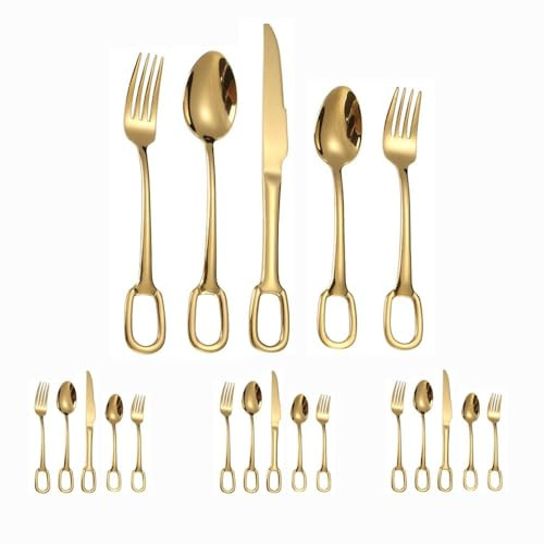 Kitchen Circular Hanging Hole Handle Stainless Steel Silverware Tableware Flatware Cutlery Set Steak Knife Fork Spoon Teaspoon Children and Baby Products (Gold,20 Pieces)