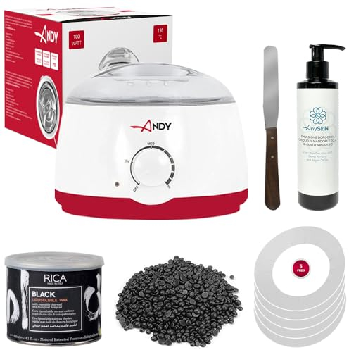 Anyskin Brasilianisches Wachs Komplett-Set mit professionellem Wachserhitzer 100 Watt, brasilianisches Wachs, 1 kg, Schwarz, Made in Italy, Lipo Wachs 400 ml, Emulsion nach dem Wachs, 250 ml, Spatel