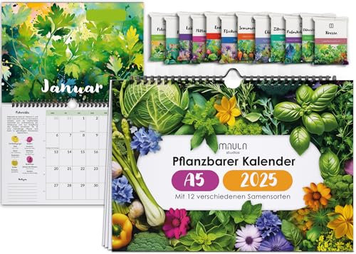 Saatgut Kalender 2025 - A5 Einpflanzbarer Kalender Wandkalender 2025 - Monatskalender 2025 mit 12 Sorten EU Samen - Kalender zum Einpflanzen - Gemüse, Kräuter, Obst & Blumen WC013_25