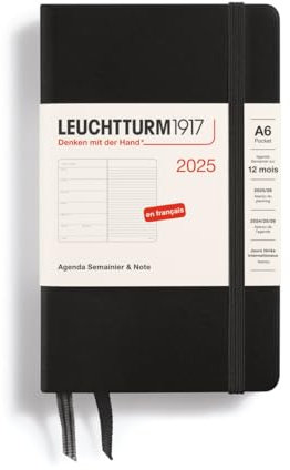 LEUCHTTURM1917 370823 Wochenkalender & Notizbuch 2025, Pocket A6 Hardcover - 12-Monats-Planer, liniert - Schwarz, Französisch