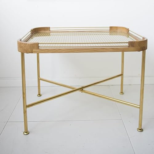 Zouron Table Basse, Table Basse (Plateau en Verre trempé), Table de canapé, Table de Salon, Coins en frêne, Pieds dorés,60 * 50 * 43cm