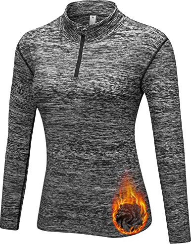 WOWENY Funktionsshirt Damen Langarm Laufshirt Winter Thermooberteil Sweatshirt Damen Ohne Kapuze Langarmshirt Sportshirt Fitness 1/4 Zip Wandershirt Atmungsaktiv U-Hanf schwarz L