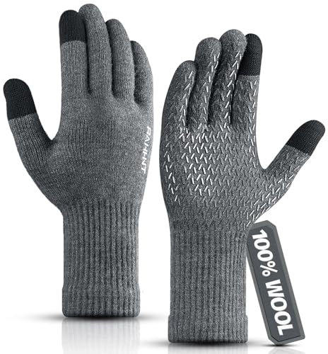 Rahhint Merinowolle Thermohandschuhe Herren Damen Touchscreen Winterhandschuhe Warme Anti-Rutsch Strickhandschuhe mit Nickerchenfutter für Laufen Radfahren Autofahren Arbeiten Outdoor Geschenk