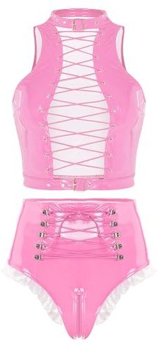 TTAO Damen Lack Leder Latex Outfit Dessous Set Crop Top BHS High Waist Hotpants Bikinislip Erotik Reizwäsche Gogo Rave Outfit Clubwear Typ C Rosa XL