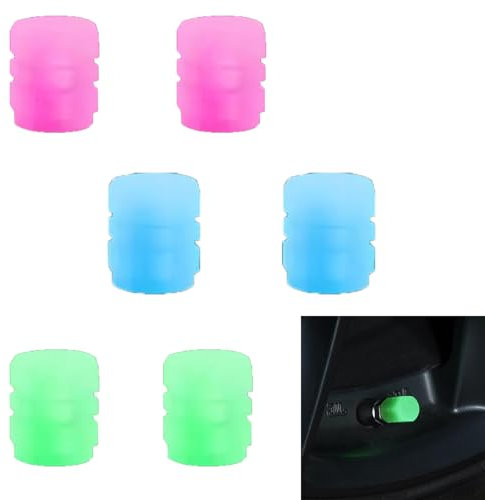 Kisstta 6 Stück Ventilkappen, Leuchtende Ventilkappen im Set, Blau, Grün und Pink Ventilabdeckung Reifenventil-Kappen, Bei Nacht sichtbar, Ventilkappen Auto Leuchtende