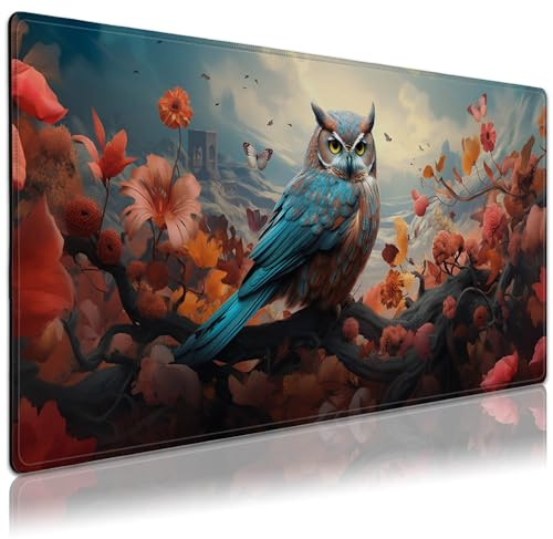 Große Schreibtischunterlage, Eule auf einem schönen mit Blumen, Gaming-Mauspad, rutschfeste Gummiunterseite, genähter Rand, für Arbeit, Spiel, Büro, Zuhause, 89,9 x 40,9 cm