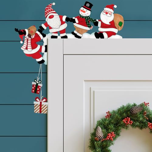Weihnachtsdeko Türrahmen Weihnachtsmann und Rentier, Türschmuck Weihnachten Holz Haustür Ornament Eckschild für Türdeko Weihnachten Deko (Linke Seite)
