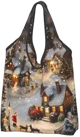 Einkaufstasche, Weihnachtsdorf, bedruckt, wiederverwendbar, faltbar, Stoff-Tragetasche, niedlich, waschbar, Schwarz, 1 Pack