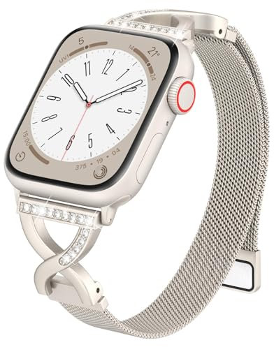 Damen Bling Diamant Dünn Metall Milanese Armband Kompatibel mit Apple Watch 38mm 40mm 41mm 42mm 44mm 45mm 46mm 49mm, Funkeln Armband für iWatch Ultra/Ultra 2, SE, Series 10 9 8 7 6 5 4 3 2 1