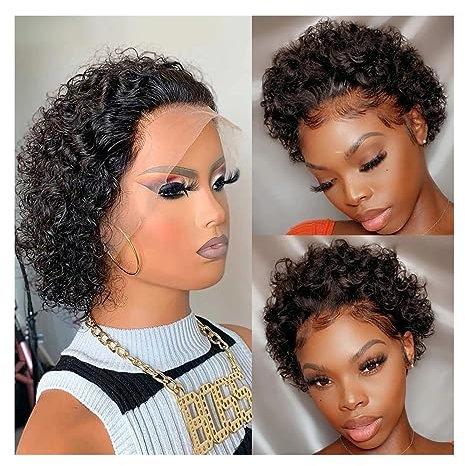 Perücken mit ordentlichem Pony für Frauen 6 Zoll kurze lockige Echthaar-Perücken, Remy-Haar, 13 x 1 transparente Spitzenperücken for Frauen wellig lockig