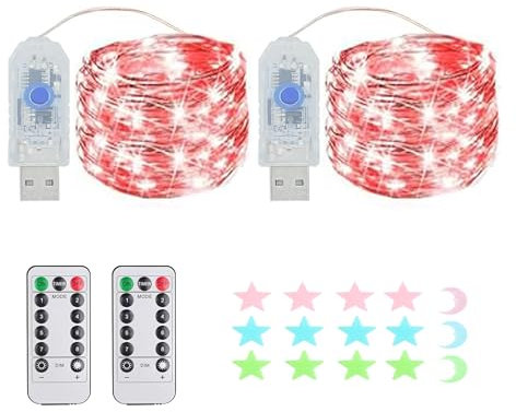 2 Stück LED Lichterkette, 50LED 5M / 17Ft 8 Modi USB lichterkette außen/innen Wasserdichte mit Fernbedienung für Schlafzimmer, Hof, Hochzeit, Weihnachten, DIY etc (rot)