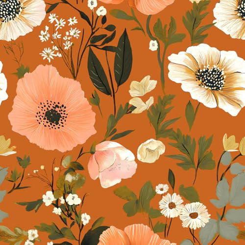 Fvlow Vintage Orange Floral Peel and Stick Wallpaper Dark Orange Wallpaper Pink Flower Peony Contact Paper Removable Self-Adhesive Wallpaper Boho Botanical Wall Paper for Bedroom Cabinet 118 x 17.4