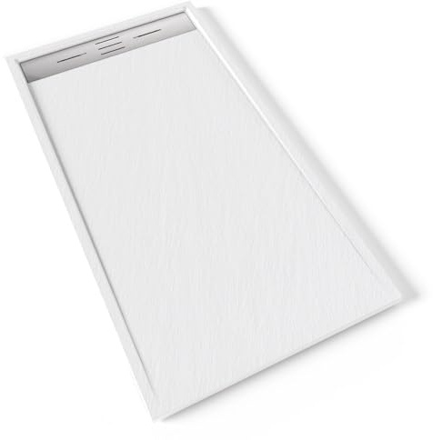 HIEMAL INOX Receveur de douche 80 x 150 cm résine Blanc aspect ardoise + bonde inox incluse - Salle de bain