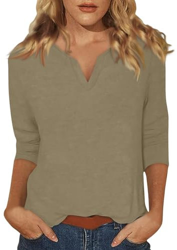 T-shirts d'été pour femme - Manches 3/4 - Col en V - Tunique - Chemisier à manches trois-quarts - Élégant - Décontracté - Couleur unie - Chemisiers et tuniques pour femme, kaki, S