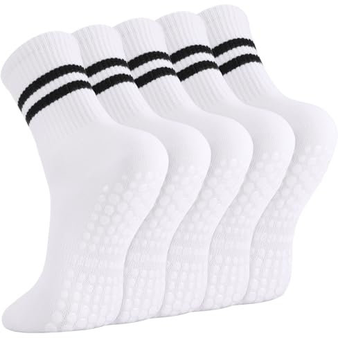 Apricitie 5 Paar Rutschfeste Socken Damen, Pilates Yoga Socken mit Griffen, Stoppersocken AntiRutschSocken Lange Griffsocken für Damen und Mädchen Ballett, Pilates, Yoga, Fitness(Weiß)