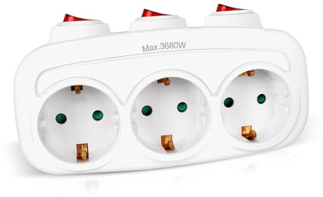 EXTRASTAR 3 en 1 Adaptador con 3 Interruptor y 3 Enchufes Schuko, Adaptador de Regleta, hasta Carge 3680W, 16A/250V~, Blanco, 1Pc