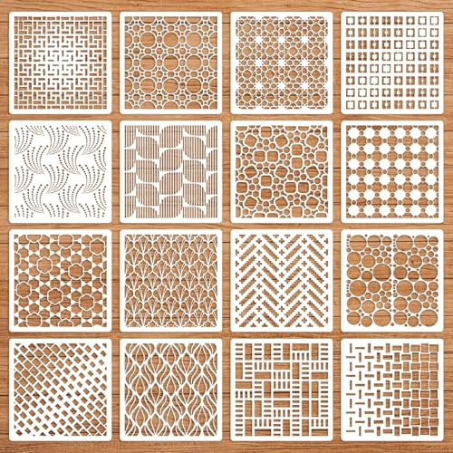Lot de 16 pochoirs géométriques en plastique de 15,2 cm pour travaux manuels, motifs géométriques et textures modernes, modèles de dessin pour murs, meubles et décoration d'intérieur