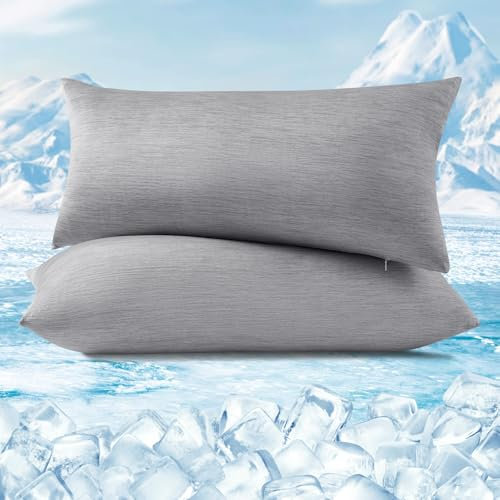 WOLTU Kühlender Kissenbezug 2er Set, Kopfkissenbezug mit Q-Max>0.45 Arc-Chill, Weicher Atmungsaktiv Kühlfaser Kissenhülle Schont Haut und Haar, Sommer Kissenbezüge mit Reißverschluss, 40x80 cm, Grau