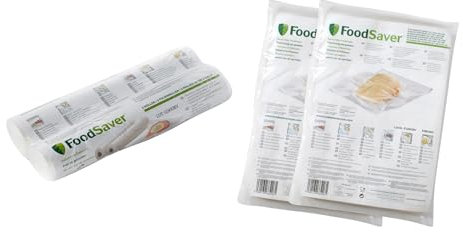 FoodSaver Lot de 2 rouleaux thermoscellables 28 cm x 5,5 m + 2 x 48 sacs 20,3 x 29,2 cm pour machines sous vide alimentaire, sans BPA