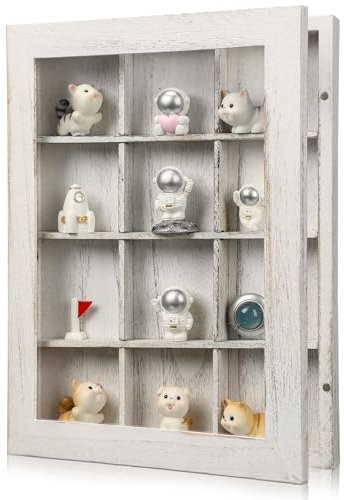 Wonderjune Shell Shadow Box with Shelf 9x11 Deep Wood Shadow Box Frame Glass Door Display Case with 12 Compartments Storage for Collection, Souvenirs, Figures, Wine Bottle Caps, Stamps and More