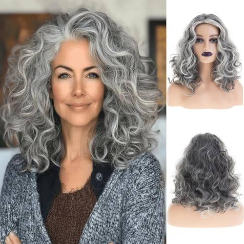Beweig Frauen lange lockige graue Perücke mittlerer Teil synthetische Halloween Cosplay Kostüm