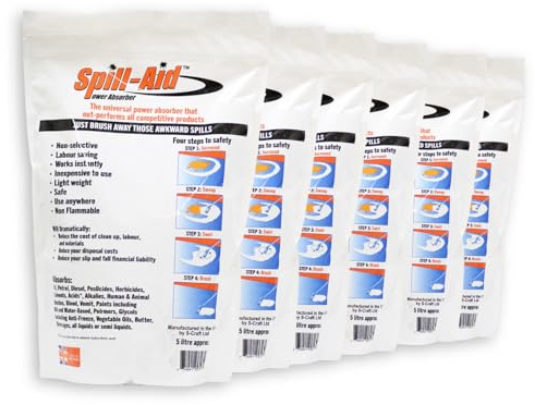 Spill-Aid Absorbent Granules 6-pack (5L), Rapid Spill Cleanup for Oils, Fuels, Chemicals, Paint & Bodily Fluids, Industrial Absorbent Powder for Home Workshops Warehouses Garages, UK-Made