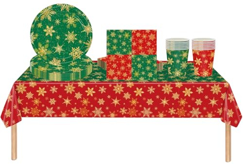 53Pcs Christmas Party Tableware Set for Table Decor,Red Green Christmas Snow 137x274cm Large Plastic Tablecloth Red Xmas Party Paper Plates Cups Napkins Dinnerware Set for Xmas Favor Tableware