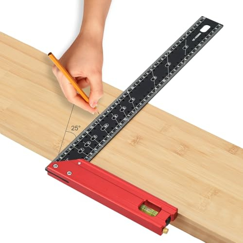 TMZDCJK 40cm Anschlagwinkel & Zimmermannswinkel Alu, 45°/90° Winkelmesser | Inkl. Wasserwaage & Anreißnadel. Verstärktes Alu für präzises Anreißen & Zeichnen. Vielseitiges Holzwerkzeug für Profis